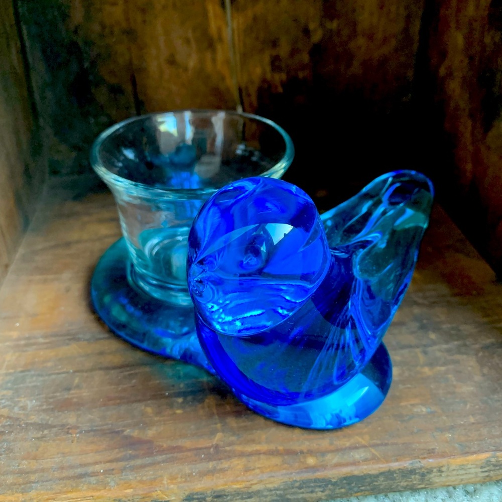 Vintage 1998 Blue Bird of Happiness Sunny Day Ron Ray Art Glass Candle Votive